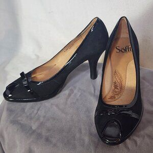 Sofft Black Suede and Patent Leather 3" Peep Toe Bow Detail Dress Pump Size 6.5M
